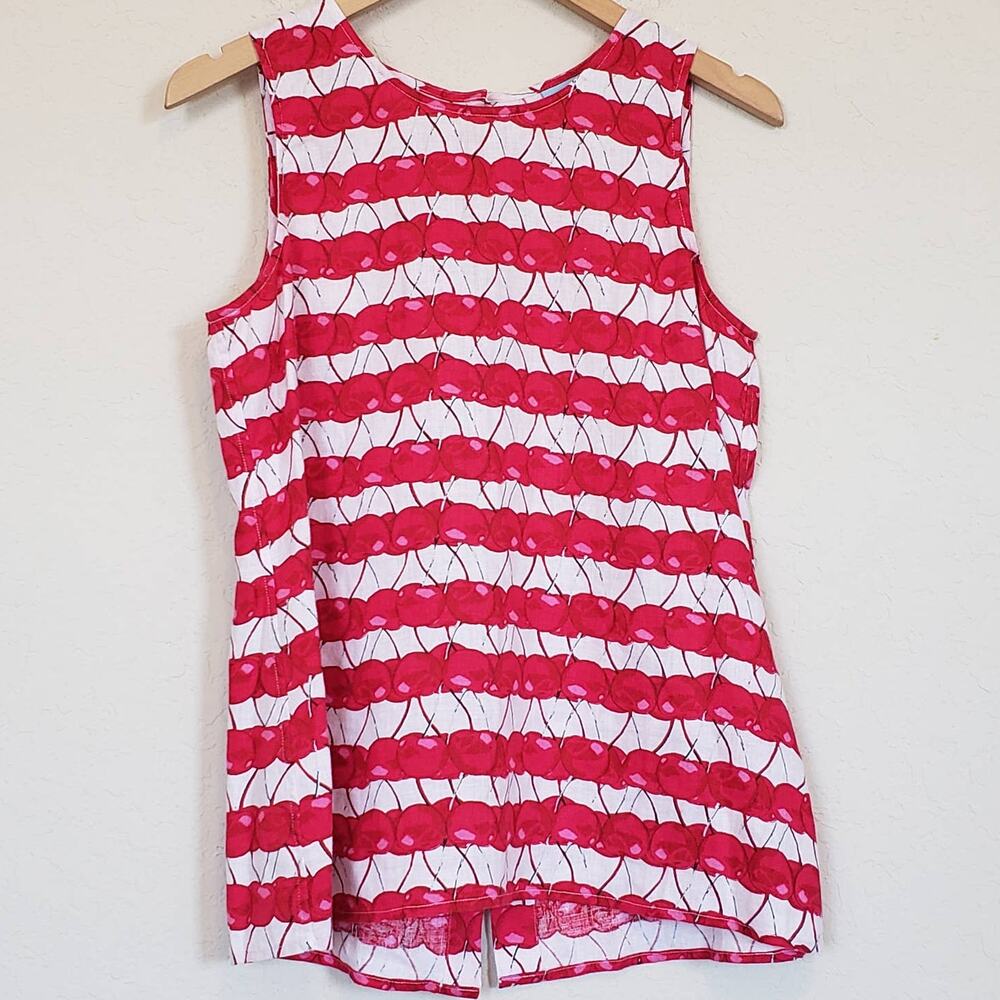 Cynthia Rowley‎ Cherry Print Sleeveless Button Up Back Tank Top Linen Womens Med